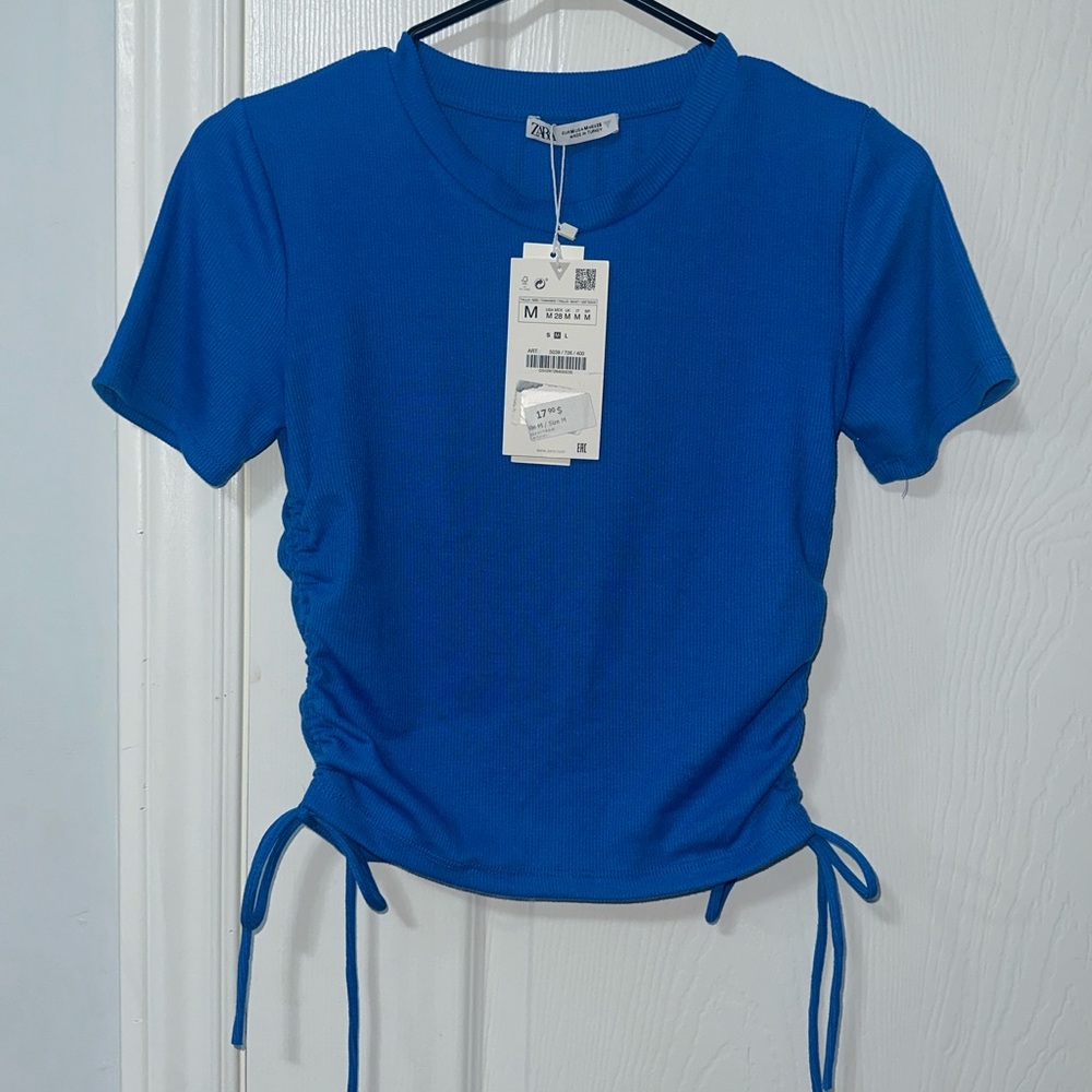 Zara Blue Short Sleeve Ruched Top
